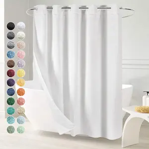 No Hooks Required Double Layer Waffle Weave White Shower Curtain Water Repellent With Snap In Liner