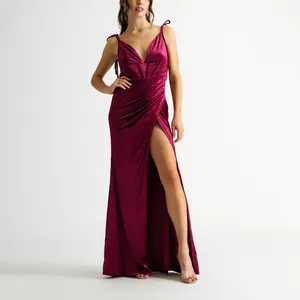 महिला वेस्टिडो कस्टम सेक्सी वी नेक लाल मखमली फ्रंट स्लिट शाम के कपड़े लक्जरी फैशन मामूली नाइटआउट पार्टी कॉकटेल कपड़े