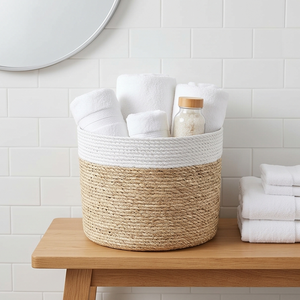 Two-Tone Woven Seagrass Storage <b>Basket</b>, <b>Round</b> Natural and White <b>Wicker</b> Indoor Planter Pot Cover for Home Decor - Product Image 3