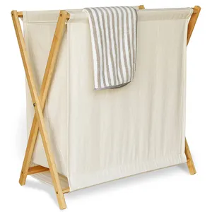 可折叠竹木洗衣篮木制X框架可折叠洗衣篮，带亚麻帆布
