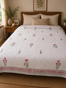 Unique Hand Block Printed Floral Cotton <b>Quilt</b> Jaipuri Razai Reversible Boho Indian <b>Bedding</b> King Size Handmade Comforter - Product Image 1