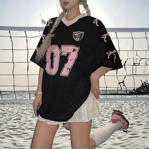 Trendy Versatile <b>Y2K</b> Sports Mesh V-Neck T-<b>Shirt</b> American-Style Cross-Border Printed Casual Loose Plus Size Short Summer 100% - Product Image 3