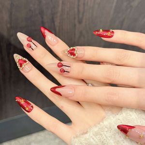 <span class=keywords><strong>Uñas</strong></span> Postizas Almendradas Medianas Hechas a Mano, Color Rojo Intenso Aura, Corazón de Perla 3D <span class=keywords><strong>y</strong></span> Estrella Dorada, <span class=keywords><strong>Uñas</strong></span> Rojas Festivas de Lujo al por Mayor - Product Image 3