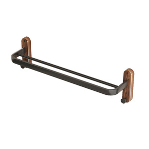 Bathroom Walnut Wood Towel Rack Gunmetal Gray Double Bar Self Adhesive Wall Mounted Modern Design - Product Image 5