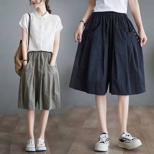 Cotton Linen Wide Leg Cropped Pants Women Summer Loose Fit Mid Length Casual Solid Color Khaki Plus Size Straight Leg Pants - Product Image 4
