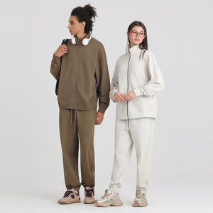 Ensemble de costume pour homme et femme, cardigan en molleton 430g avec fermeture éclair perlée, col montant, coupe ample, pantalon droit - Product Image 2