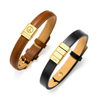 Bracelet pour homme en acier inoxydable plaqué or PVD 2023 avec perles en cuir véritable pour gravure de nom