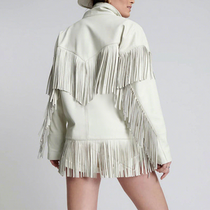 White <b>Fringed</b> Safari <b>Jacket</b> Cow <b>Suede</b> Turn-down Collar Full Sleeve Autumn Style Single Button Regular Length - Product Image 3