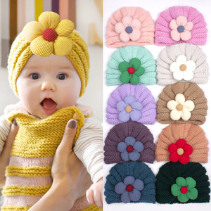 Sombrero de bebé de flores de moda Sombrero de <span class=keywords><strong>lana</strong></span> de punto suave Sombrero de <span class=keywords><strong>turbante</strong></span> de ganchillo para bebé - Product Image 1