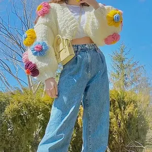 2023 Stricken Plus Size Flower Thick Chunky Design Damen Handmade Girls Woolen Cropped Croche ted Crochet Cardigan Sweater