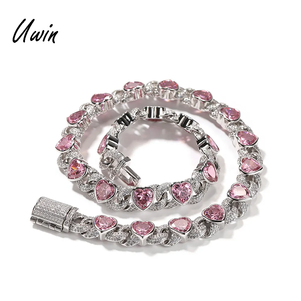 Uwin New Arrival Pink Heart CZ Miami Cuban Link Chain Mixed With Water Drop Shape Oval Shape Stone Women Men Hip Hop Necklace