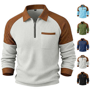 Polo de punto gofrado con media cremallera para hombre Haggar, negro y marrón, con cuello y bolsillo, diseño antipilling, estilo casual - Product Image 6
