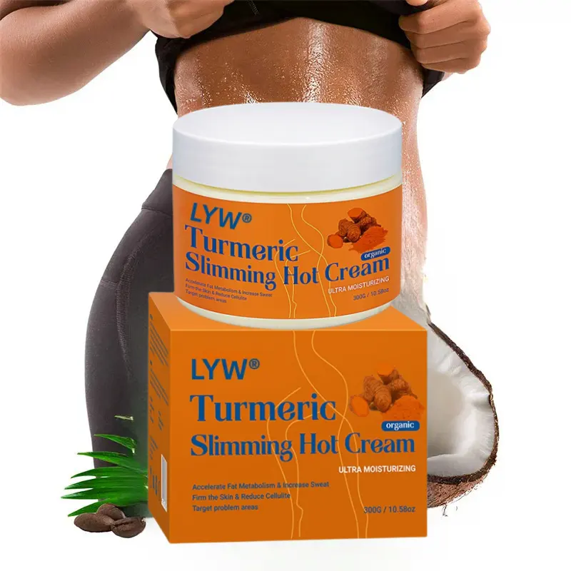Marca LYW, venta al por mayor, crema caliente adelgazante de cúrcuma, 300g, la mejor pérdida de peso efectiva, mallas adelgazantes corporales calientes, crema de masaje