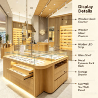 Meubles de présentation pour magasin d'optique haut de gamme, comptoir de présentation incurvé en bois pour lunettes, vitrine murale pour lunettes de soleil avec éclairage LED ambiant