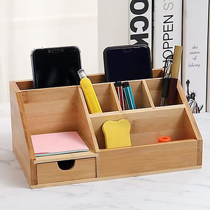 Bamboo Desktop Organizer With Partitions Natural Wood Color Rectangle Standing Type Office <b>Storage</b> <b>Box</b> <b>Drawer</b> Type - Product Image 3