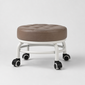 Luxury Tufted Brown Leather Salon <b>Stool</b> Low Rolling Stylist Chair with White Metal Frame and Caster Wheels Barbershop Seating - Product Image 2