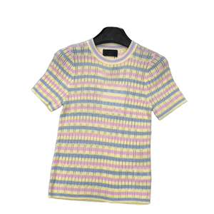 Camiseta de Manga Corta con Cuello Redondo y Tejido Acanalado a Rayas, Prenda de Punto Transpirable Informal para Uso Diario - Product Image 1