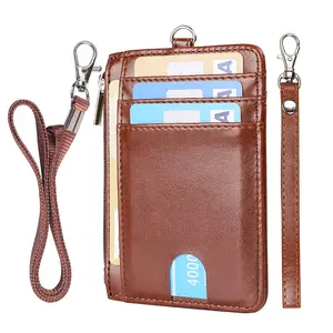 Credit Card Holder Hanging ID Badge Sleeve for Office Employee Certificate Bags Cover with Lanyard Genuine Leather Card Sleeve