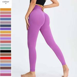 Leggings da palestra con LOGO personalizzato a vita alta con scricchiolatura a vita alta da <span class=keywords><strong>donna</strong></span> taglie forti XL pantaloni da allenamento sportivi senza cuciture in materiale Spandex con stampa solida - Product Image 3