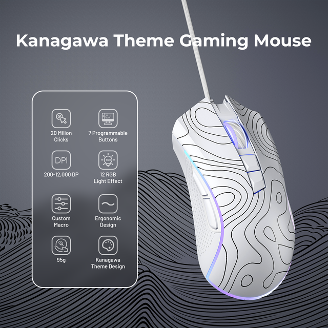 XVX Wired Ergonomic Gaming Mouse White Topographic 12000 DPI RGB Backlit 12 Modes 7 Macro Buttons USB Interface Supports PC