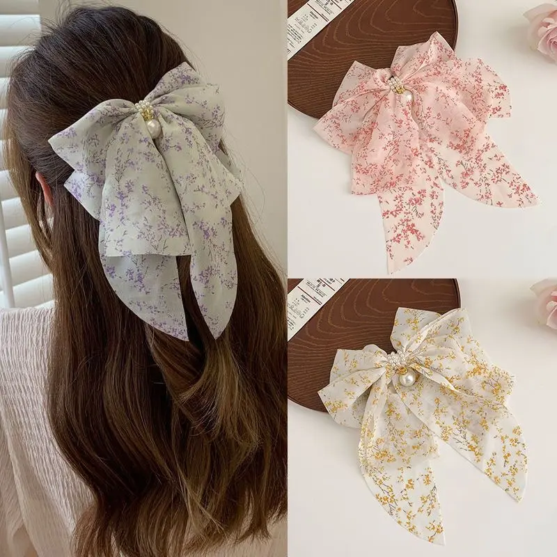 Chiffon Floral Printed Bow Spring Hair Clip Spring And Summer Pearl Pendant Bow Hair Accessories For Women