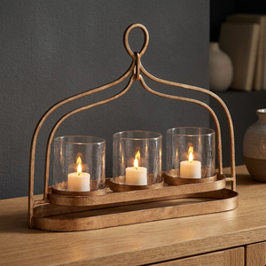 Porte-bougie en métal doré antique avec inserts en verre, lanterne en fil de fer, support décoratif fait main pour mariage et décoration intérieure - Product Image 2