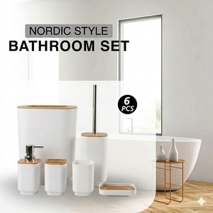 Juego de Accesorios de <span class=keywords><strong>Baño</strong></span> Modernos de Bambú de 6 Piezas, Color Blanco Mate, Ecológico, Duradero y de Lujo, con Dispensador de Jabón de Plástico y Cubo de Basura - Product Image 6