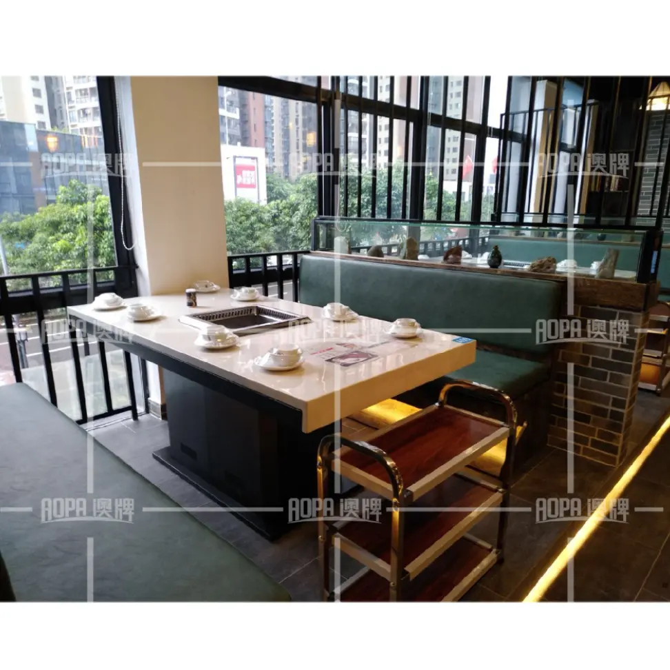 AOPA Vente personnalisée d'équipement intérieur sans fumée Salle à manger commerciale Restaurant Meubles Hotpot Table de barbecue électrique coréenne