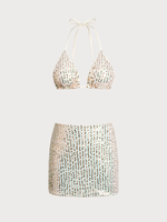 Maillots de bain pour femmes en tissu RPET sur mesure, sans dos, avec nœud, texture scintillante, style halter triangle, haute qualité, vente en gros