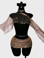 Ensemble de tenue en maille ornée de strass pour femmes, haut court et mini-jupe pour festival de musique, soirée rave, tenue de club