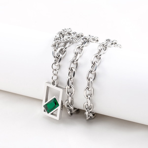 Layered Necklace Geometric Green Crystal Pendant <b>Titanium</b> Steel Multi Layer Fashion Jewelry - Product Image 3