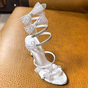 2025 New European American Style Women's Satin Sandals Bowknot One Strap Rhinestones Open <b>Toe</b> High <b>Heels</b> Thin <b>Heels</b> Large Size - Product Image 5