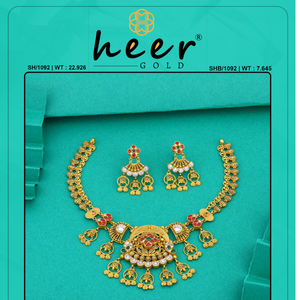 Collier ethnique avec boucles d'oreilles assorties, collier traditionnel en or avec un design en filigrane détaillé, pierres rouges, ensemble de bijoux fins pour mariée. - Product Image 2