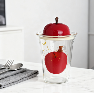 أواني زجاجية خضراء لطيفة بنمط تفاح كوب زجاجي بغطاء على شكل تفاحة تصميم مبتكر بعقدة فراشية هدية منزلية - Product Image 2