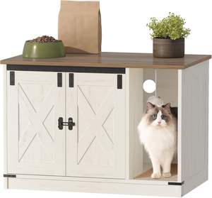Meuble pour litière de chat, armoire dissimulée pour litière avec cloche, maison pour chat d'intérieur, style rustique, marron et blanc - Product Image 1