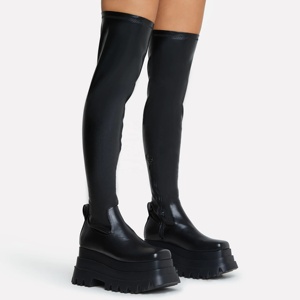 Stretch Upper Women Thick Sole High <b>Platform</b> Over Knee <b>Boots</b> Square Toe Chunky Heels Skintight Thigh High Booties - Product Image 4