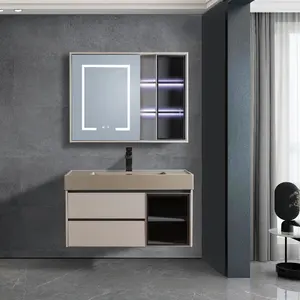 Vaidade de gavetas flutuantes luxuosas e modernas com armário de espelho e armário de banheiro com bacia integrada de jade