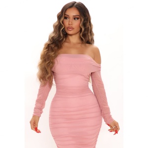 Vestido Maxi Casual de Mujer para Otoño, Estilo Personalizado de Fábrica OEM, Escote sin Tirantes, Malla Fruncida, Manga Larga, Forro Completo - Product Image 1