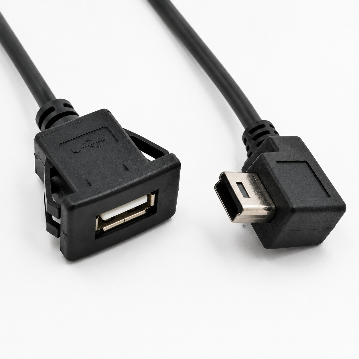 USB 2.0 A Female to 90° Right Angle Mini USB 5Pin Panel Mount Cable dimension drawing
