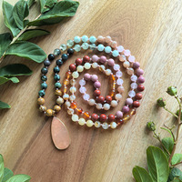 Sunstone, Turquoise Afrika, Prehnite, Moonstone Mala, Liontin Aventurine, JapaMala, Kalung Meditasi 108 Butir Rajutan Tangan, Perhiasan Yoga