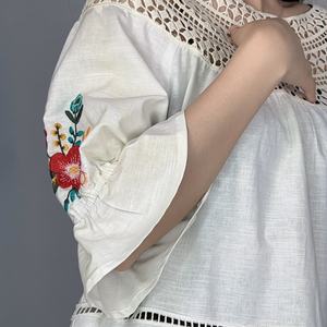 Blusa de Verano para Mujer, Nueva, Informal, de Algodón y Lino, con Bordado, Encaje Blanco, Manga Corta, Estampado Floral, Cuello Redondo, Talla XS - Product Image 4