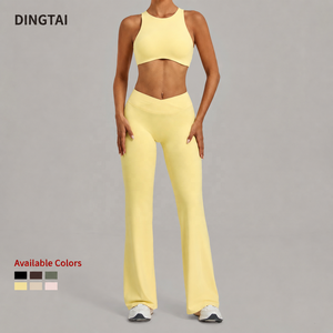 Conjunto de yoga de 2 piezas transpirable de talla grande para <span class=keywords><strong>mujer</strong></span> Dingtai: leggings acampanados de cintura alta cruzada con control de abdomen y efecto fruncido, sin costuras, para <span class=keywords><strong>deporte</strong></span>. - Product Image 4