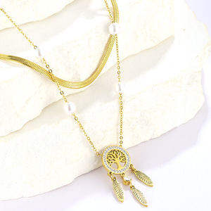 <span class=keywords><strong>Collana</strong></span> in acciaio inossidabile con catena a serpente a doppio strato <span class=keywords><strong>di</strong></span> ultima moda <span class=keywords><strong>collana</strong></span> <span class=keywords><strong>di</strong></span> perle con nappe <span class=keywords><strong>di</strong></span> <span class=keywords><strong>piume</strong></span> pendenti placcate in oro - Product Image 6