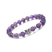 Dalam perdamaian hati penyembuhan batu Amethyst burung hantu tangan gelang 8MM energi manik-manik batu permata ungu emas perak burung hantu untuk wanita dan pria