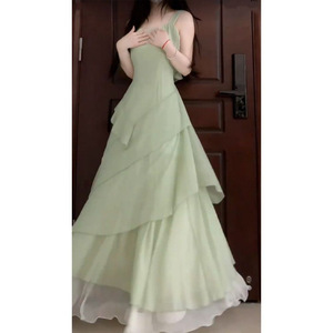 French Style Fitted Waist Irregular Ruffle Maxi Dress Asymmetric Casual Summer Dress Green White <b>Layered</b> Long Dress - Product Image 2