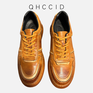 Men's Genuine <b>Leather</b> Casual Shoes Thick Soled Height Increasing Breathable Lace Up <b>Sneakers</b> Retro Brown Mid Heel Daily Wear - Product Image 3
