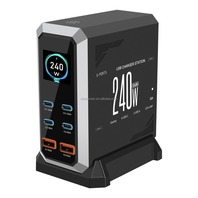 Super Fast 240W Desktop Charger USB 4 USB Type-C 2 USB-A 6 Output Ports 140W PD3.0 US EU UK AU Plug Laptop Charger Station