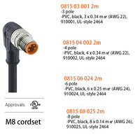 Conector M8 para Actuador/Sensor, Impermeable IP67, Sobre-moldeado, Macho de un Solo Extremo, Angular, 3 Polos, Codificación A, Contacto Dorado, 4A, Automotriz