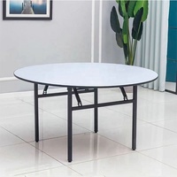 Table de banquet ronde pliable moderne en contreplaqué avec plateau en PVC blanc et structure métallique pour hôtels, mariages et événements extérieurs – 1,5 m et 1,8 m