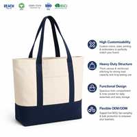 Sac fourre-tout en toile de coton marine bicolore durable avec logo personnalisé et poignées renforcées pour les courses quotidiennes et les événements